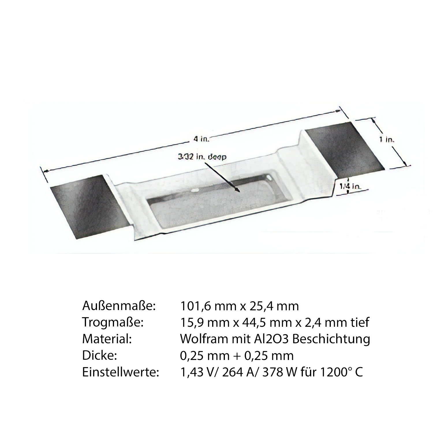 E84-3_1JOYoV8Ecns7b4 Heiz-Schiffchen aus Wolfram mit Al-Oxid beschichtetem Trog