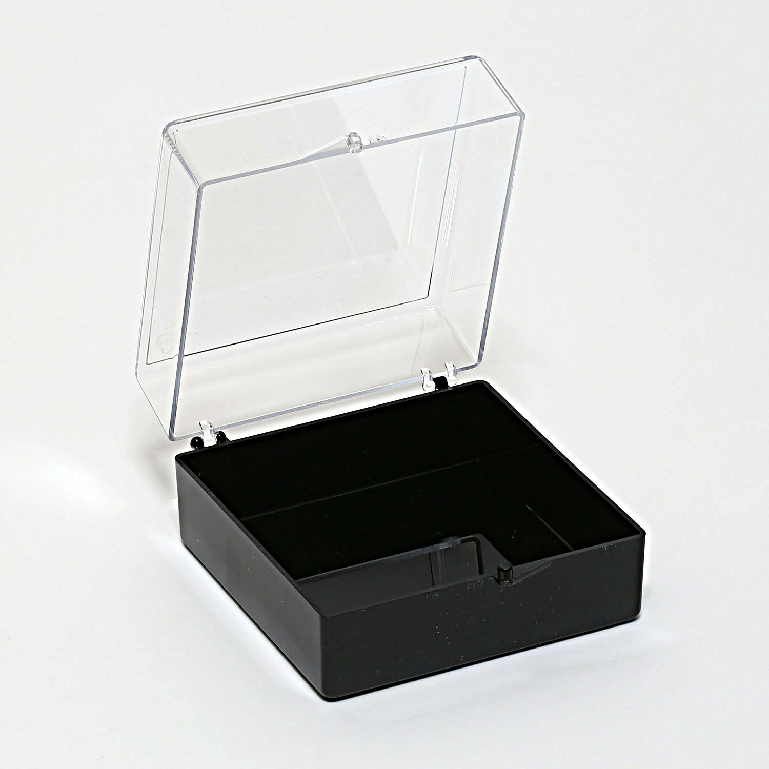 Polystyrol-Schachtel,  74mm x 74mm x 39mm, Boden schwarz / Deckel transparent, 20 Stück