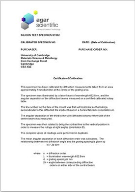 Zertifikat der Fa. AGAR Scientific für Siliziumtestobjekt (S1932ff.)