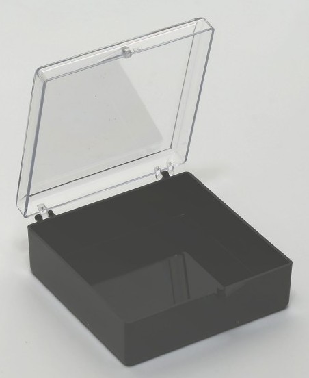 Polystyrol Schachtel,  74 mm x 74 mm x 26 mm, Boden schwarz / transparent, 24 Stück