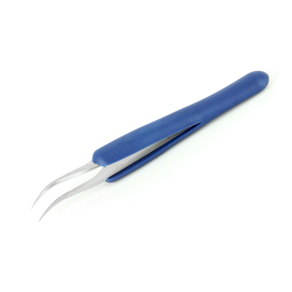 Pinzette mit gepolstertem ESD-sicheren Griff (blau) & extra feiner gebogener Spitze, 120 mm
