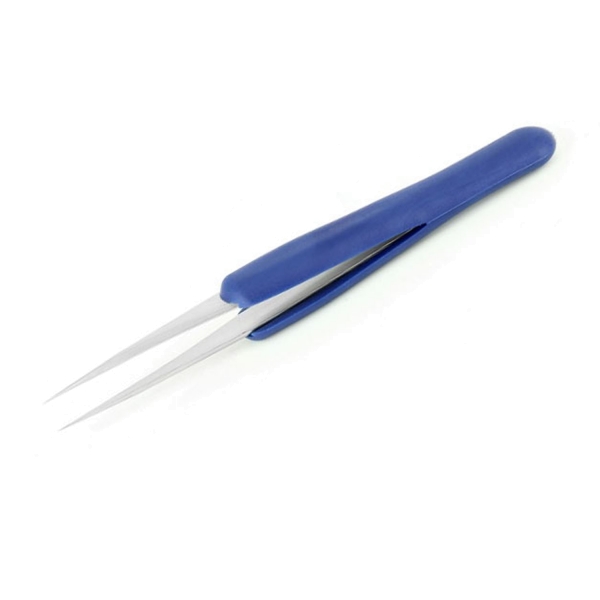 Pinzette mit gepolstertem ESD-sicheren Griff (blau) & feiner Spitze, 125 mm